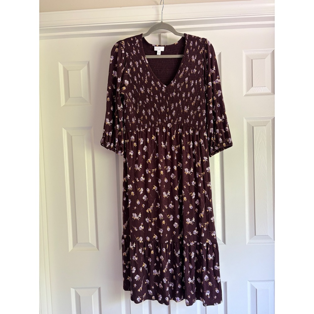 J. Jill Midi Dress M Petite Purple Floral Smocked Cottagecore Boho Moody